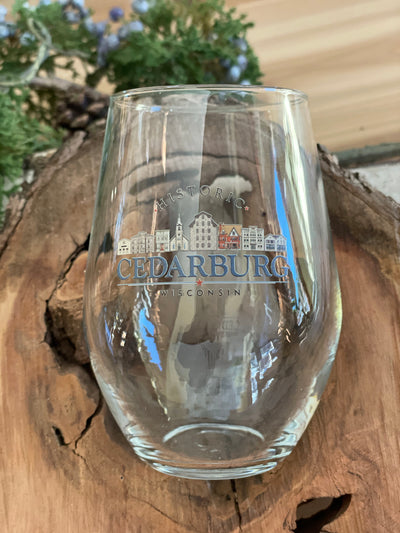 Downtown Cedarburg design on stemless wine glass