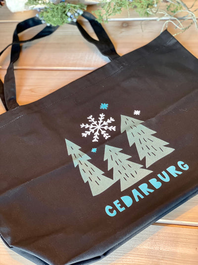Cedarburg snowy trees black canvas bag with color print