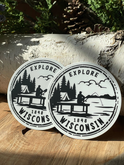 two white vinyl three inch stickers with Explore Wisconsin Keeper sticker