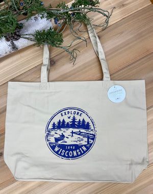 Organic cotton canvas tote bag with Explore Wisconsin paddle design in navy
