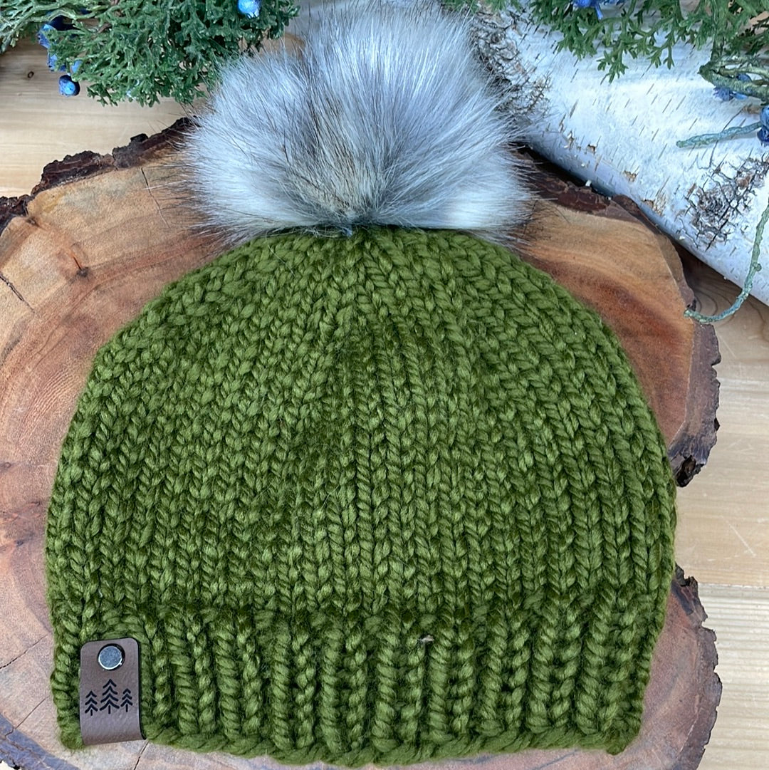 avocado hand knit beanie hat with grey faux fur Pom Pom