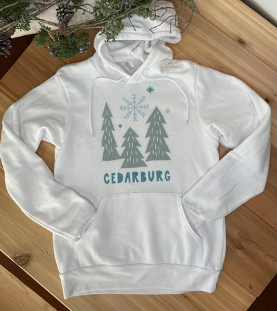 White hoodie Cedarburg Snowy Trees color design