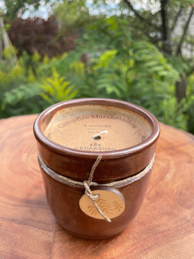 Brown ceramic 8 ounce vessel with campfire marshmallow fragrance