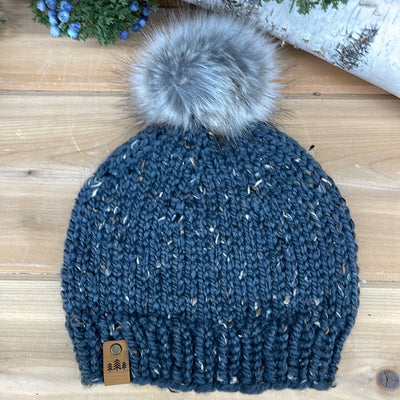 marble dark grey hand knit beanie winter hat with grey faux fur Pom Pom