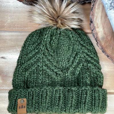 evergreen color knit folded brim hat with evergreen design and brown faux fur Pom Pom