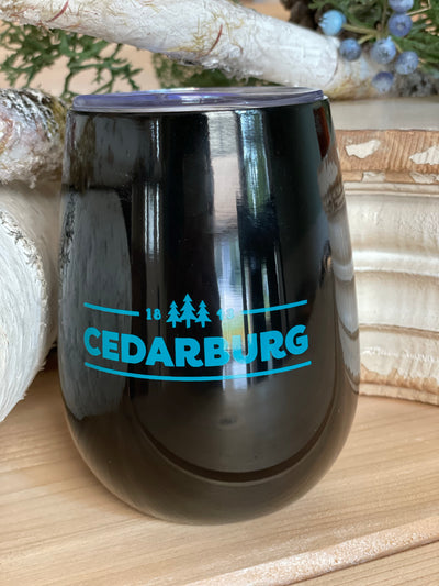Black insulated cup with Cedarburg 1843 design in turquoise
