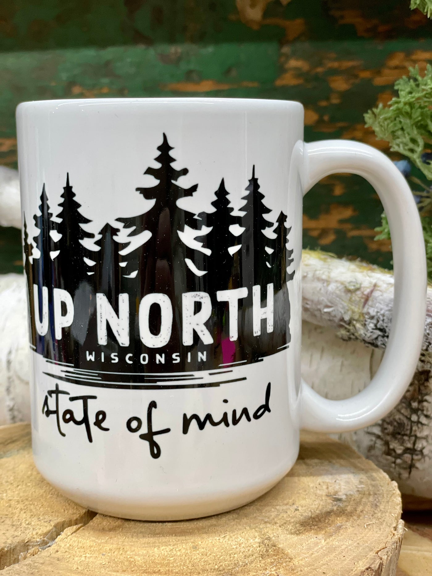 15 ounce white ceramic mug with Up North State of Mind design in black