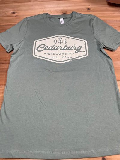 Sage green women's fit cotton t-shirt with Vintage Cedarburg design in white