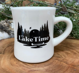 10 ounce white ceramic diner mug with On Lake Time design in black