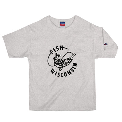 Men's champion short sleeve t-shirt in Oxford grey  with black Fish Wisconsin walleye design