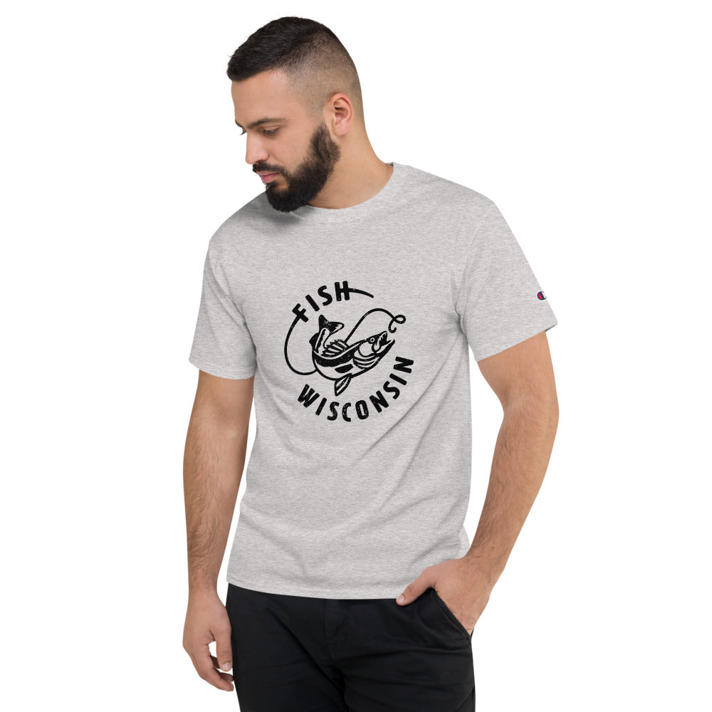Men's champion short sleeve t-shirt in Oxford grey with black Fish Wisconsin walleye design