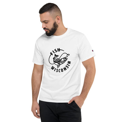 Men's champion short sleeve t-shirt in white with black Fish Wisconsin walleye design