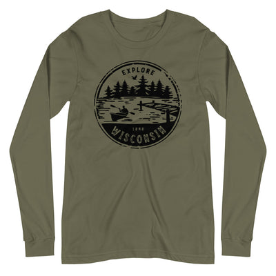 Military Green Unisex Long Sleeve Tee with Explore Wisconsin design in black