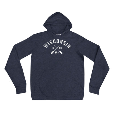Heather Navy Unisex Hoodie with white Wisconsin Paddle Design
