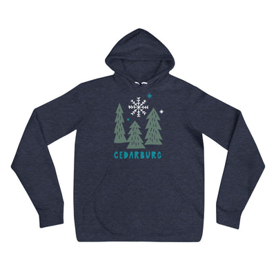 heather navy unisex hoodie with snowy trees and Cedarburg design