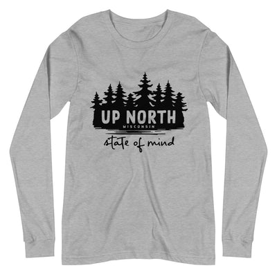 Athletic Heather Long sleeve unisex t-shirt with Wooded Up North State of Mind design in black
