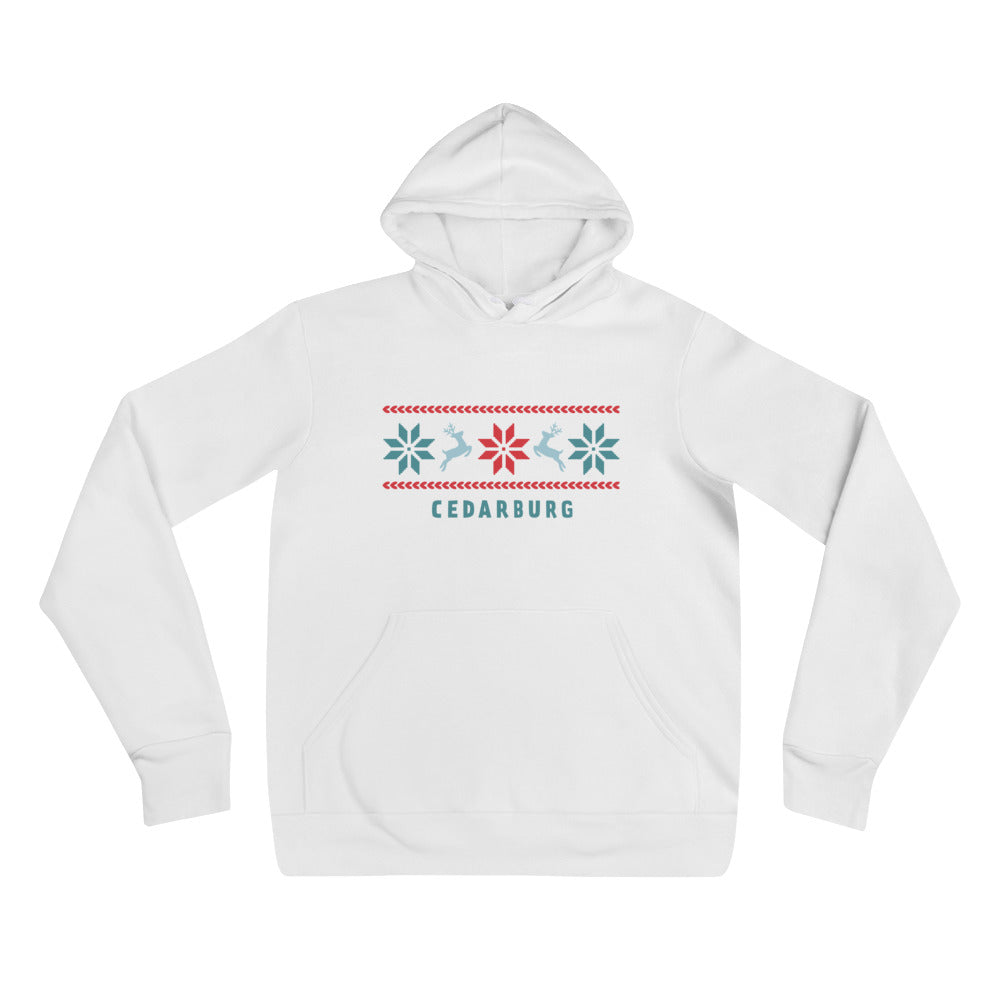 White hoodie with nordic reindeer design and Cedarburg text