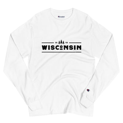 White Champion Long Sleeve shirt with 1848 Wisconsin design in black