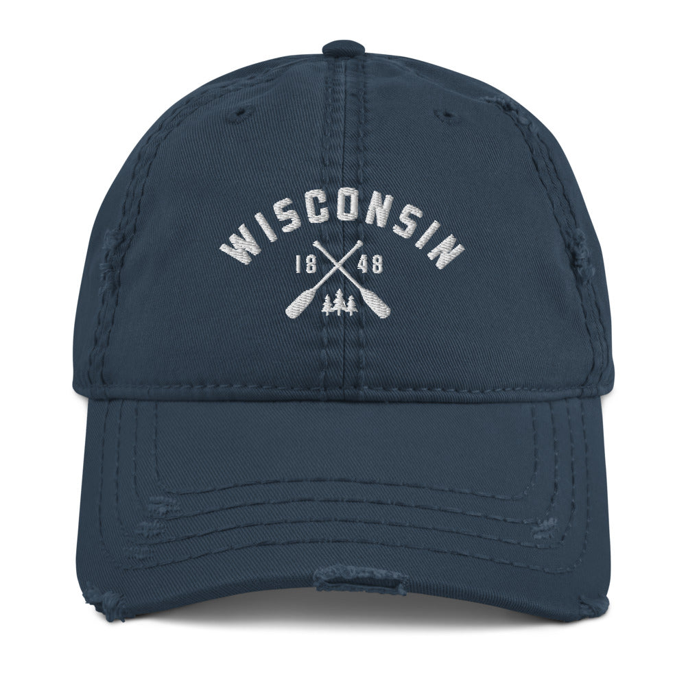 Navy Wisconsin paddle distressed dad hat in white