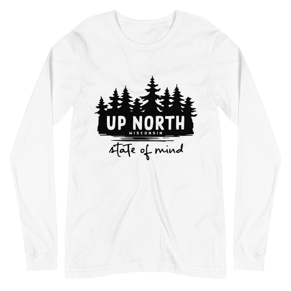 White Long sleeve unisex t-shirt with Wooded Up North State of Mind design in black