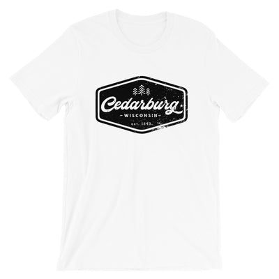 White unisex short sleeve tee with black vintage Cedarburg design