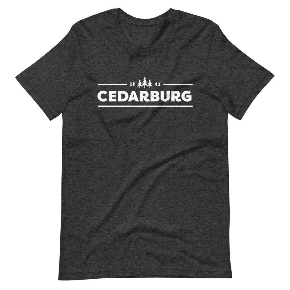 Dark Grey Heather Unisex t-shirt with white Cedarburg 1843 design