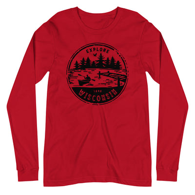 Red Unisex Long Sleeve Tee with Explore Wisconsin design in black