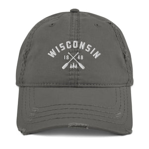 Grey Wisconsin paddle distressed dad hat in white