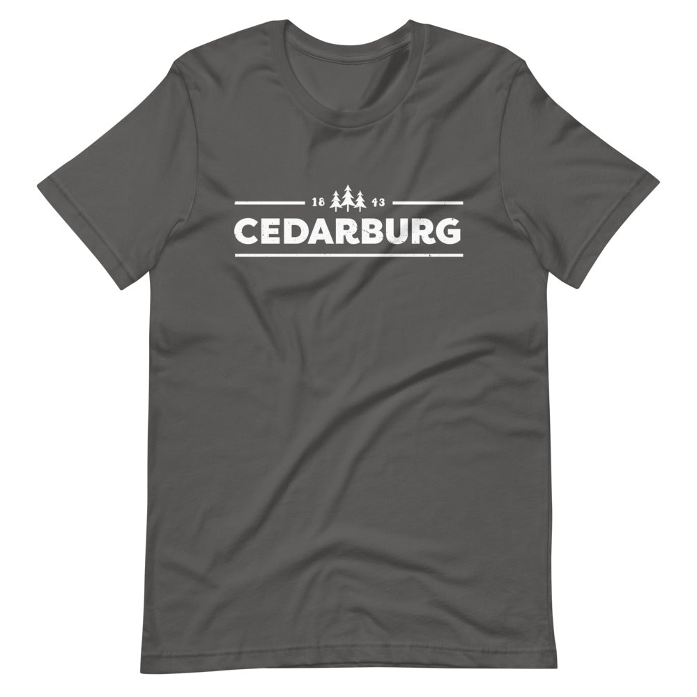Asphalt Unisex t-shirt with white Cedarburg 1843 design