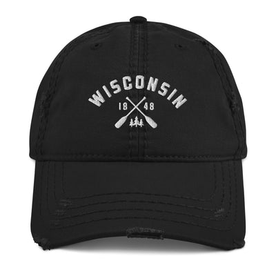 Black Wisconsin paddle distressed dad hat in white