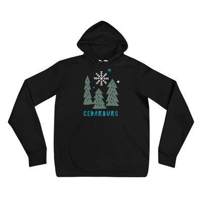 Black unisex hoodie with snowy trees and  Cedarburg design