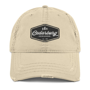 Khaki Distressed Dad style baseball cap with black vintage Cedarburg logo
