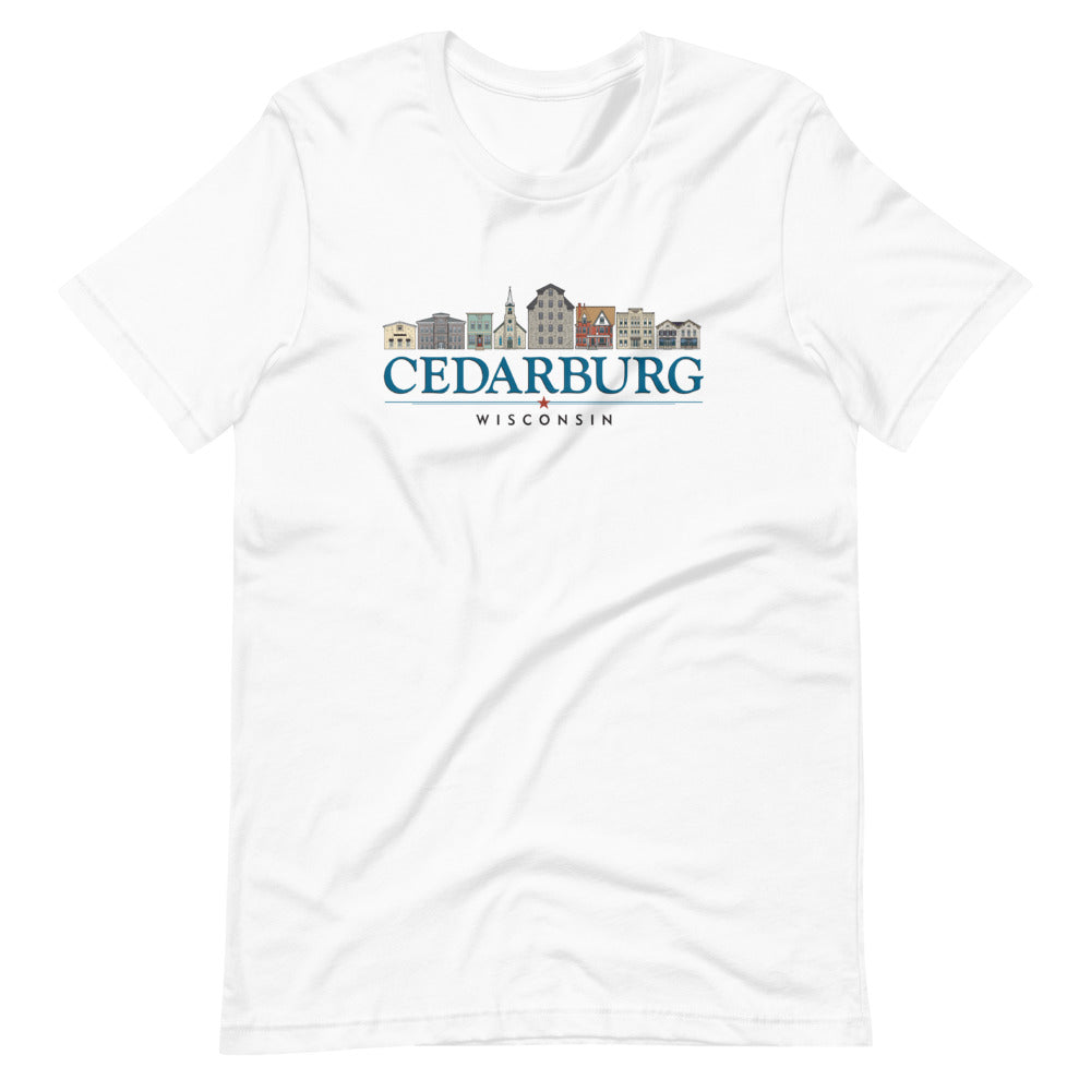 White Unisex T-shirt with color Downtown Cedarburg design