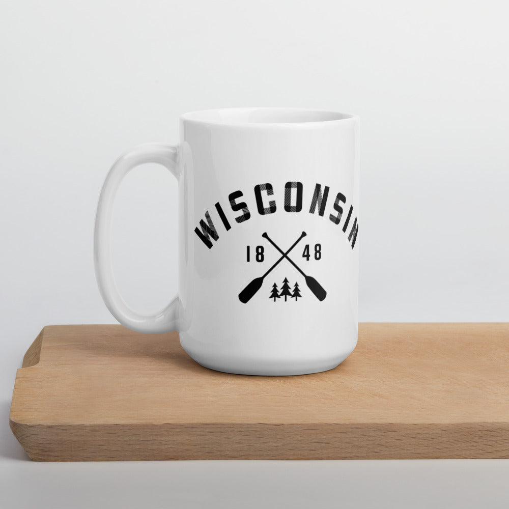 15 ounce white ceramic mug with Wisconsin plaid paddle design