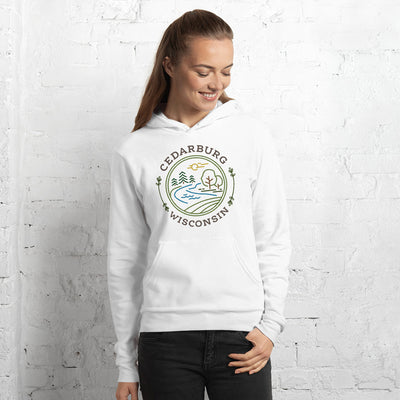 Model of white unisex hoodie with Nature Circle design in color