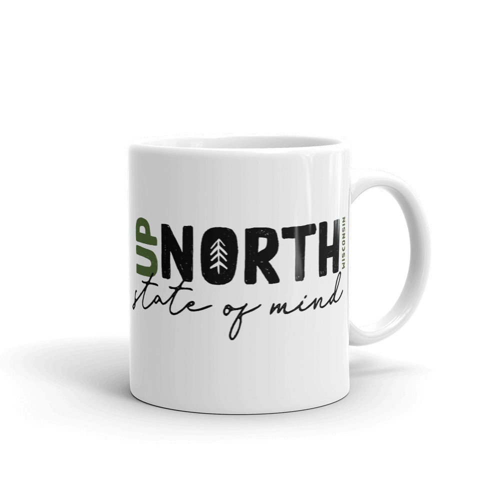 White ceramic mug with Up North state of mind script design in black and green