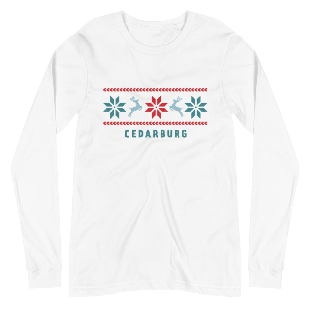 White long sleeve unisex tee with nordic reindeer and Cedarburg design
