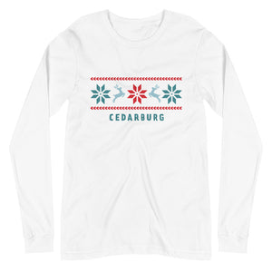 White long sleeve unisex tee with nordic reindeer and Cedarburg design