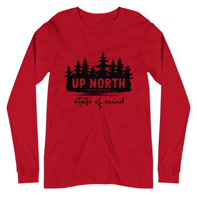Red Long sleeve unisex t-shirt with Wooded Up North State of Mind design in black