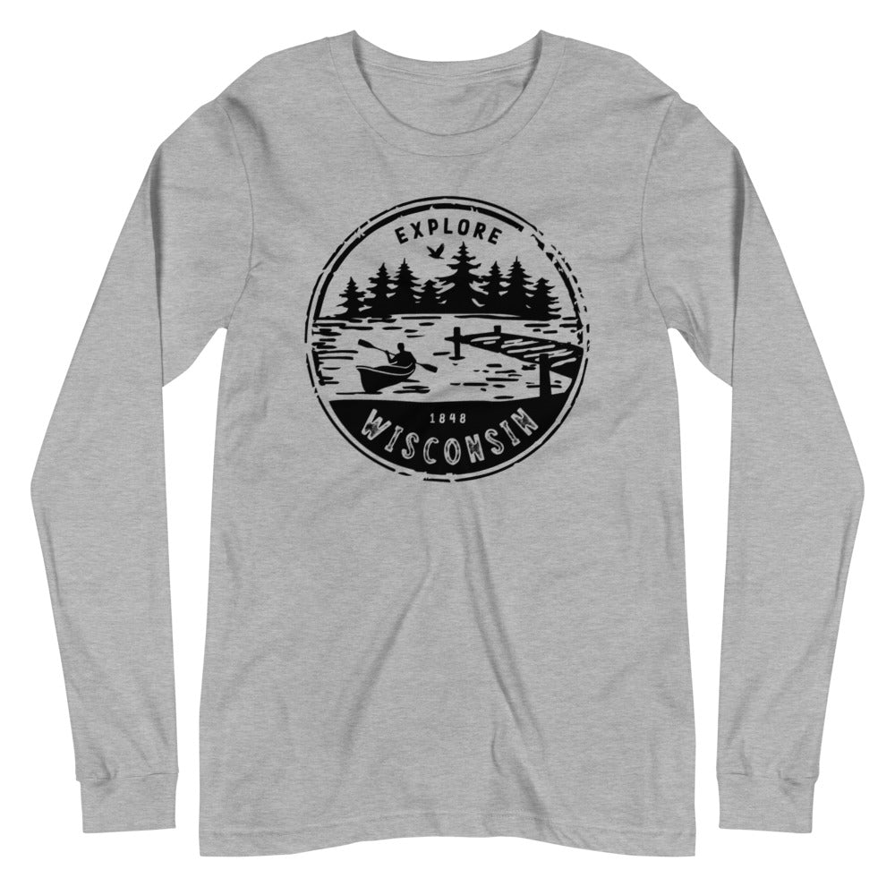 Athletic Heather Unisex Long Sleeve Tee with Explore Wisconsin design in black
