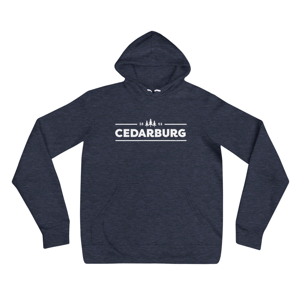 Heather navy unisex hoodie with White Cedarburg 1843 design