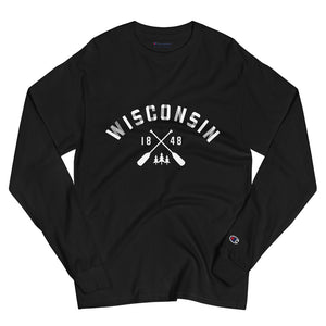 Black long sleeve Champion shirt with plaid Wisconsin paddle design in white