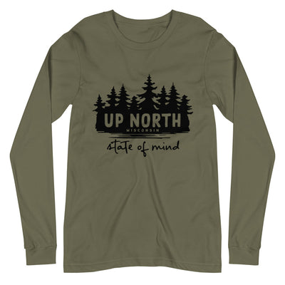 Military Green Long sleeve unisex t-shirt with Wooded Up North State of Mind design in black