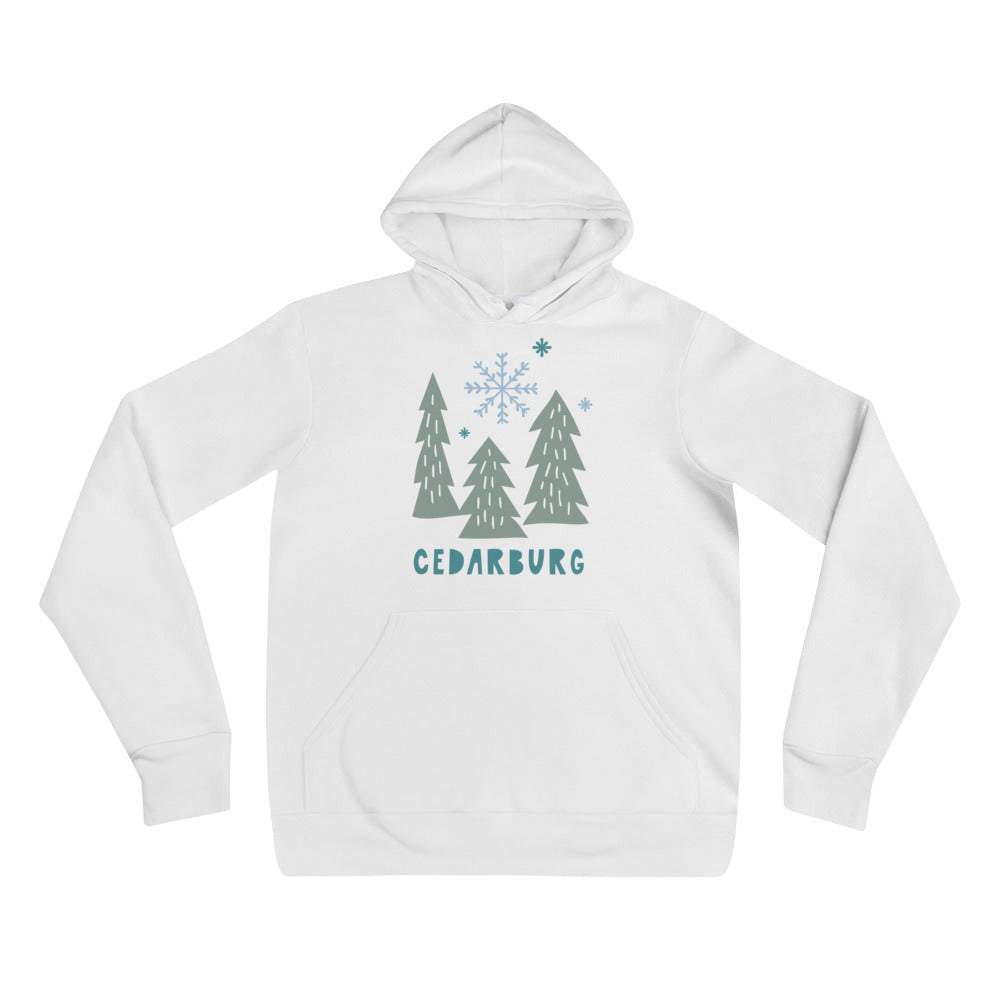 White unisex hoodie with snowy trees and Cedarburg text