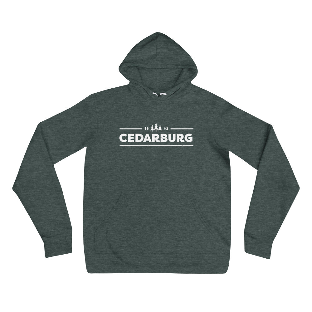 Heather Forest unisex hoodie with White Cedarburg 1843 design