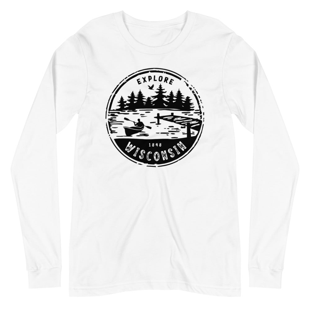 White Unisex Long Sleeve Tee with Explore Wisconsin design in black