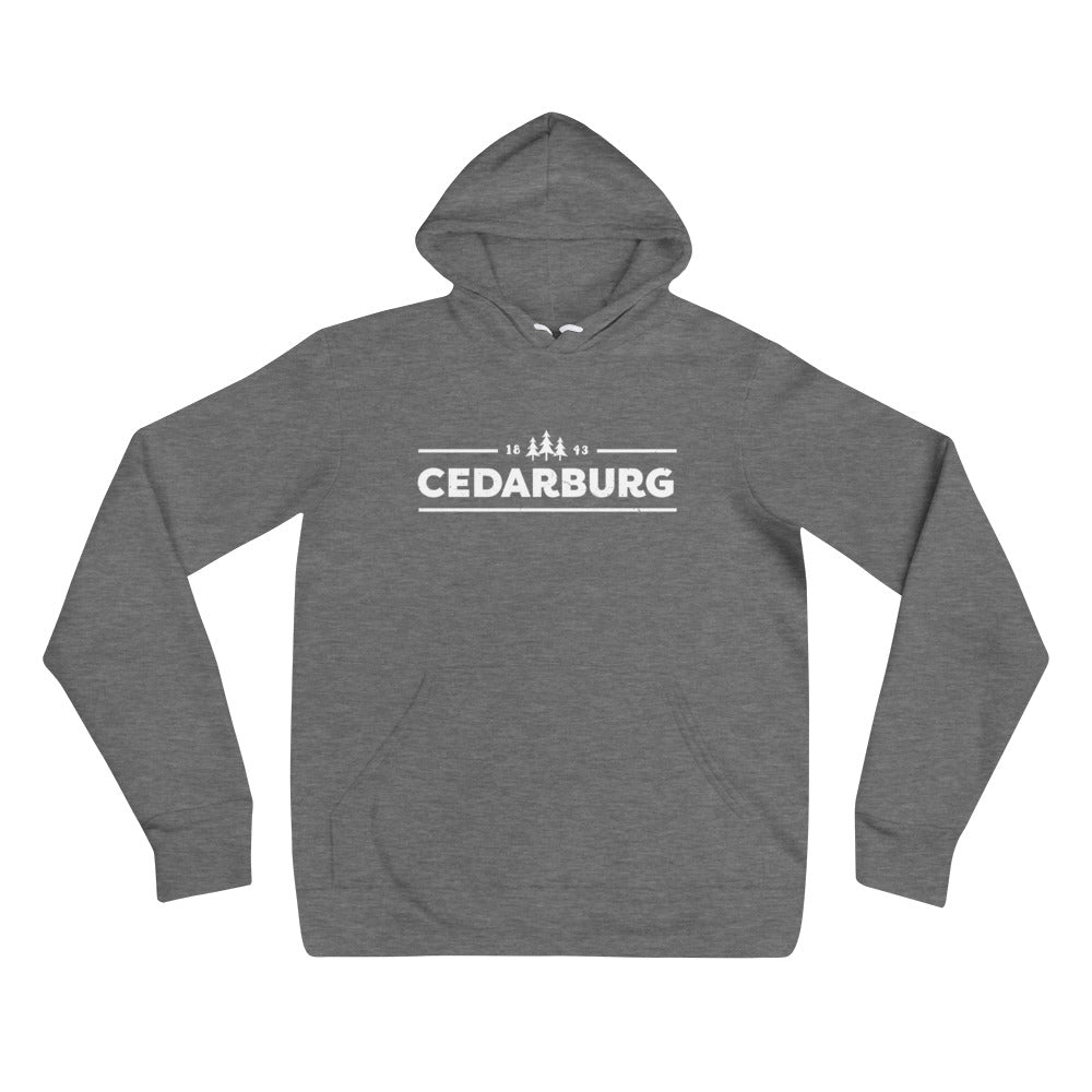 Deep Heather unisex hoodie with White Cedarburg 1843 design