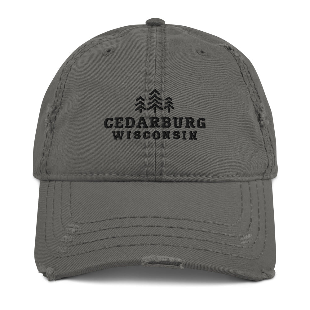 Charcoal grey distressed hat with three tree cedarburg design in black