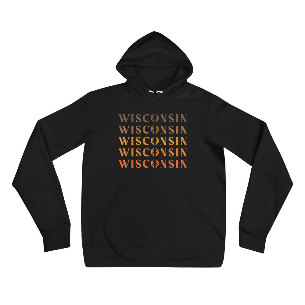 Black Unisex Hoodie with Wisconsin Buck design in orange and brown ombre design