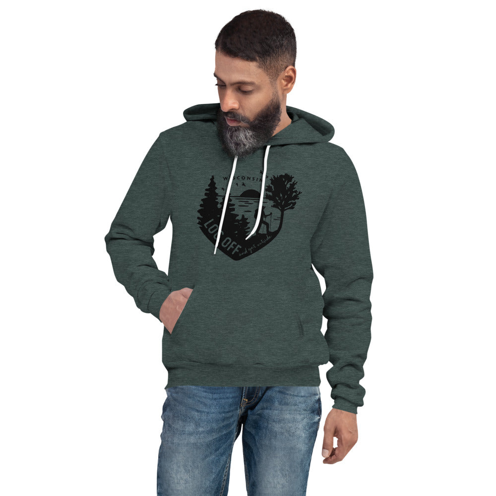 Heather Forest unisex hoodie with Log Off design